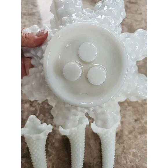Vintage White Milk Glass Hobnail 3 Horn Epergne, 7" Tall - Picture 5 of 5